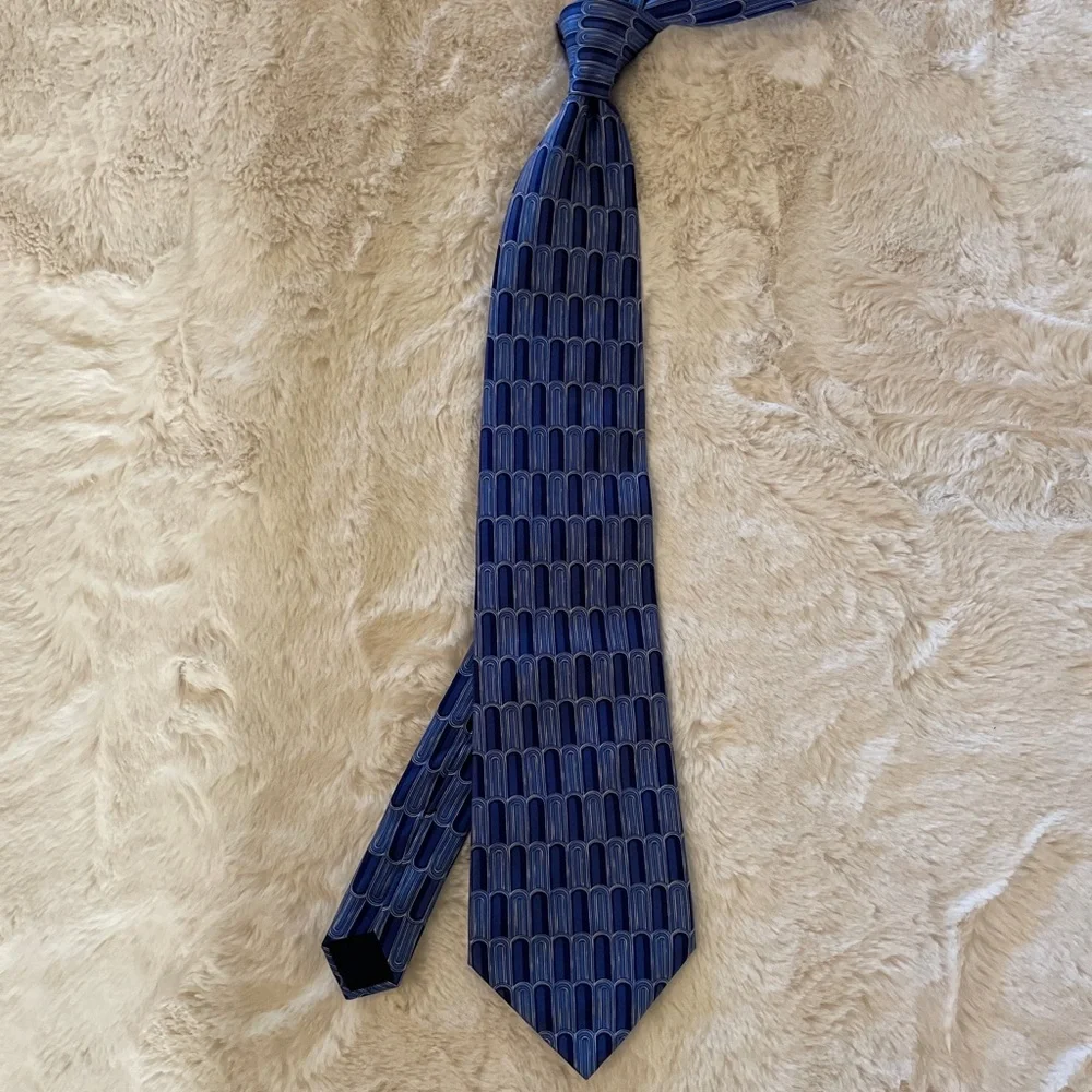 LANVIN PARIS made in France Shingle Print Silk Power Tie‎ In Blue $195